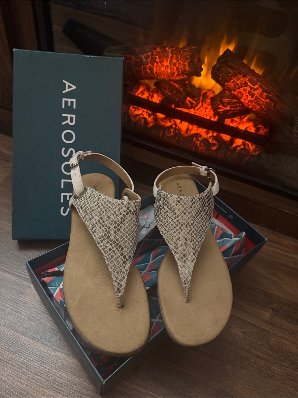 AEROSOLES Snake-Print T-Strap Sandals in Beige